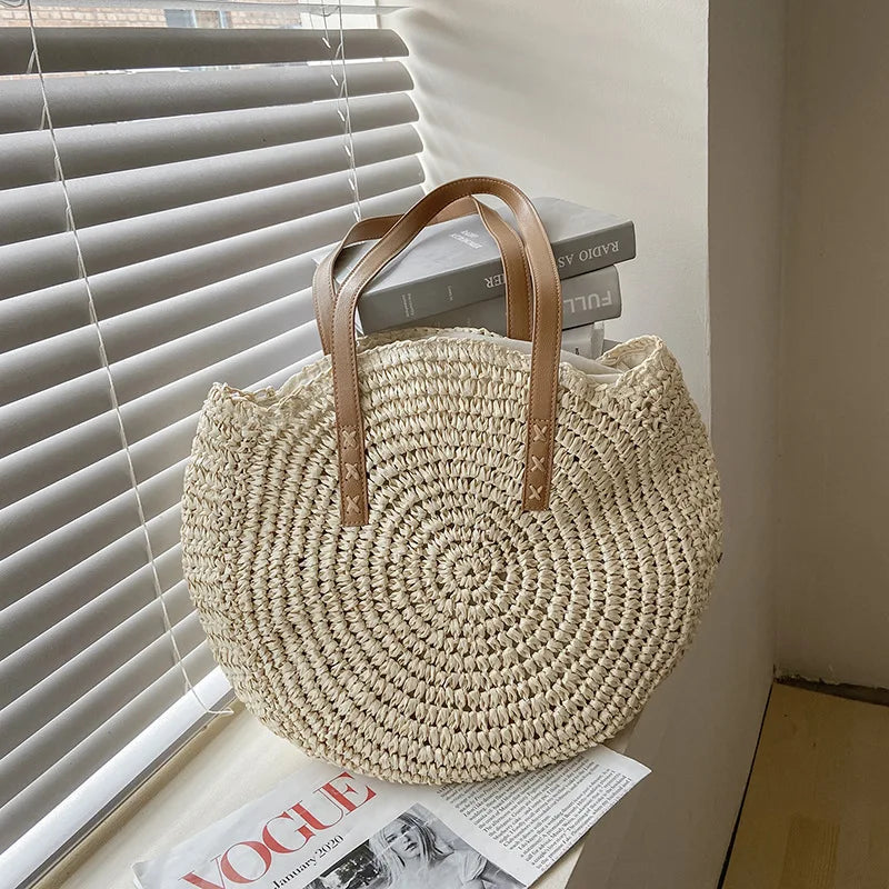 Handmade Woven Straw Beach Bag - Large Capacity Rattan Shoulder Tote for Women