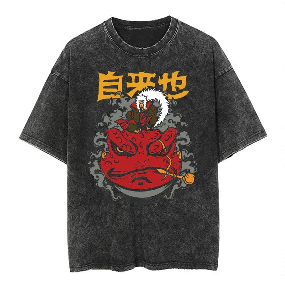 Men Streetwear Tshirt Japanese Naruto Anime Graphic T-Shirt Cotton Harajuku Washed T Shirt Summer Hip Hop Tops Tees Black