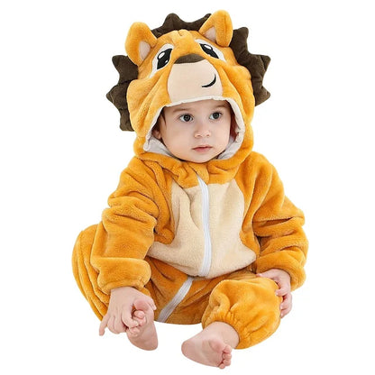 Baby Winter Rompers - Soft Polyester Hooded Jumpsuit With Animal Pattern, Machine Washable