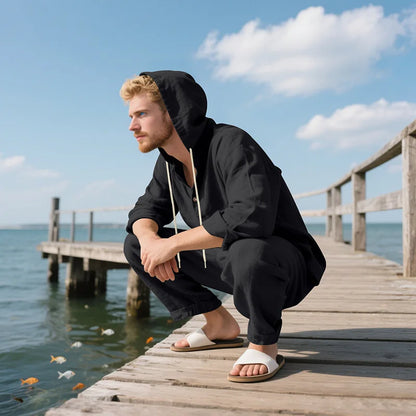New Spring and Autumn Style Loose Men's Hoodie Set, Linen Material Beach Casual Two-Piece Suit