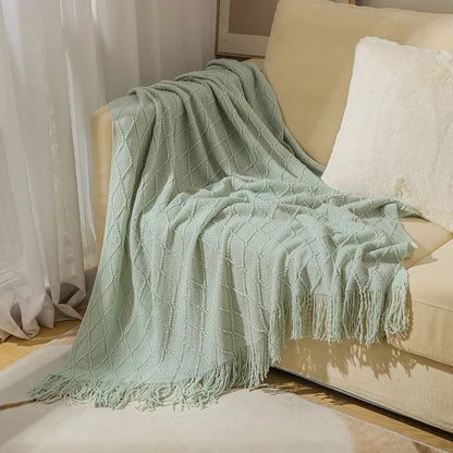 Green Oversized Knitted Throw Blanket - Soft Textured Decorative Couch Blanket