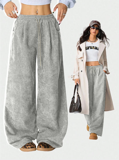 Women's Retro Corduroy Cargo Pants Casual Drawstring Straight Sports Pants Drape Daily Commuting Wide Leg Pants
