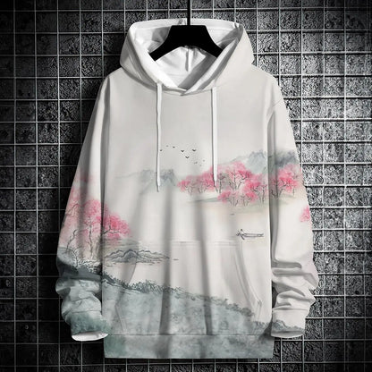 Autumn Hoodies For Men 3d Landscape Ink Print Street Designer Long Sleeved Loose Oversized Pullover Fall Fashion Men's Clothing