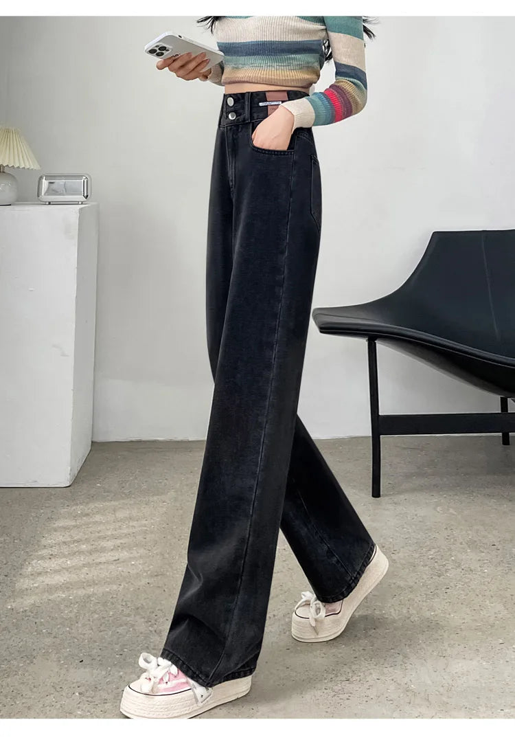 Slim Wide Leg Denim Jeans High Waist Double Bule Straight Cut Pants for Women Bla ey Autumn New Arrival Faionable Wea...