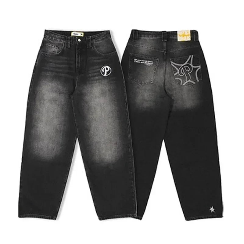 Y2K New Retro Centipede Embroidery Pattern Washed Oversized Wide-Leg Pants Street Gothic Harajuku Floor Pants For Men and Women