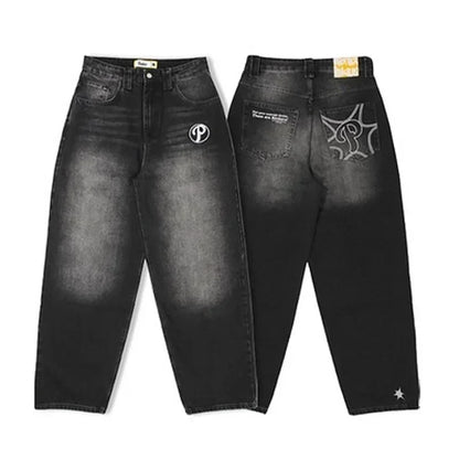 Y2K New Retro Centipede Embroidery Pattern Washed Oversized Wide-Leg Pants Street Gothic Harajuku Floor Pants For Men and Women