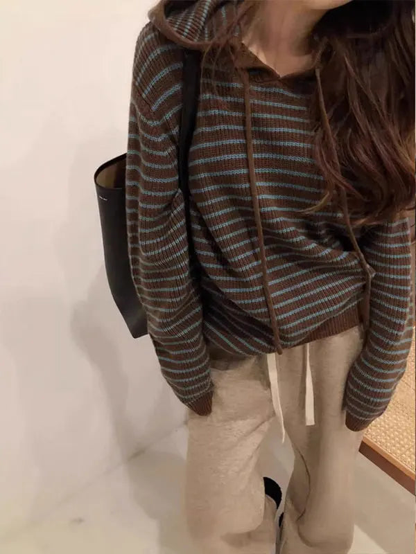Autumn Winter Women's Vintage Knitted Hat Coat Soft Cozy Loose Fit Striped Hoodie Sweater Outerwear Trendy Commute Style Long...