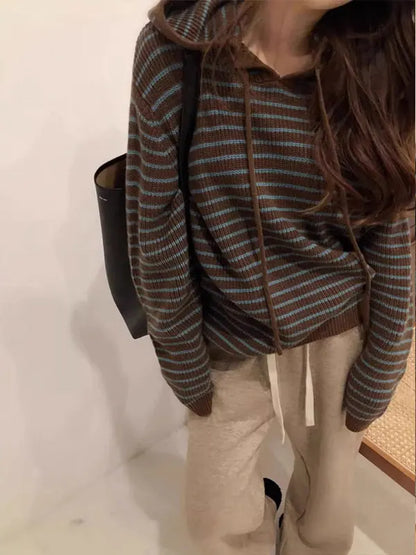 Autumn Winter Women's Vintage Knitted Hat Coat Soft Cozy Loose Fit Striped Hoodie Sweater Outerwear Trendy Commute Style Long...