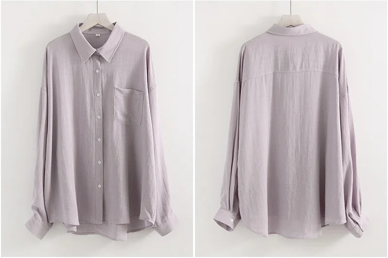 Summer Blue Linen Shirts For Women Oversized Long Sleeve Tops Green Shirt Woman Work Basic Linen Tops Women White Shirts Ladies