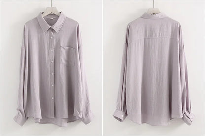 Summer Blue Linen Shirts For Women Oversized Long Sleeve Tops Green Shirt Woman Work Basic Linen Tops Women White Shirts Ladies