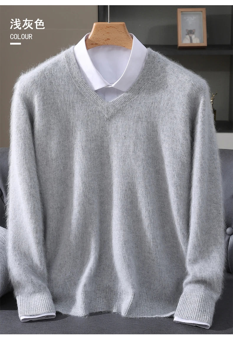 Men's 100% Pure Mink Cashmere Sweater V-neck Pullover Knit Bottoming Shirt Autumn And Winter New Long-Sleeve High-End Mink Tops