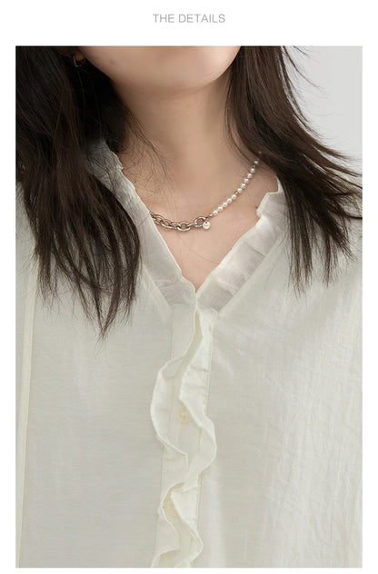 Women Loose Dress - Casual V-Neck Long Sleeve A-Line Knee Dress With Ruffled Lantern Sleeves