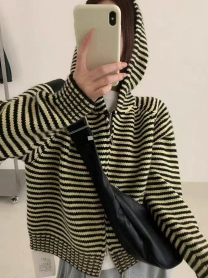 Purple Striped Hooded Sweater Jacket Women's Open Cardigan Autumn Winter Korean Style Soft Thickened Knitted Shirt Inner Wear...