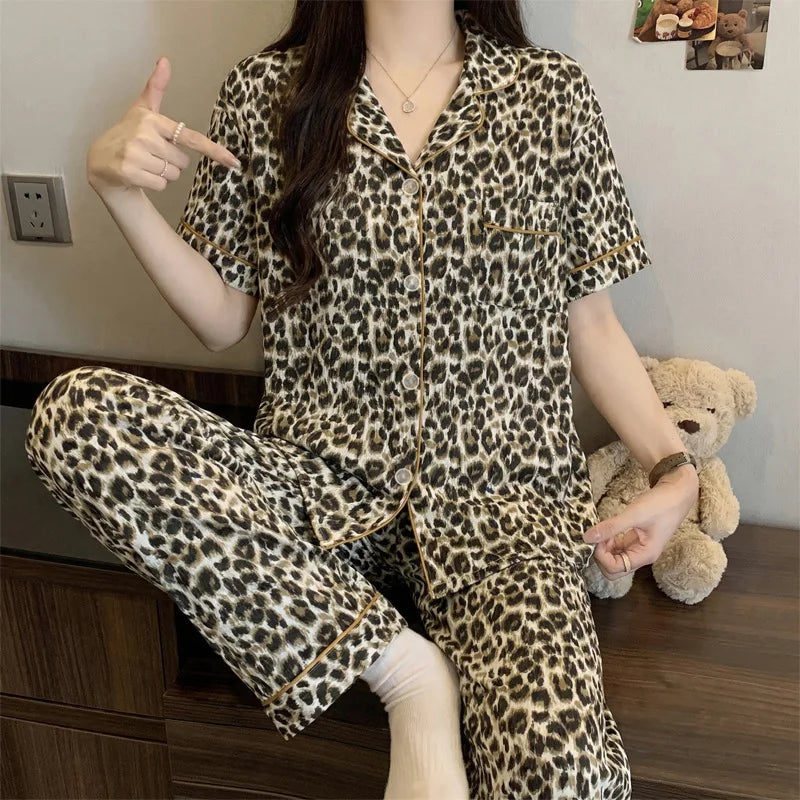 French-Style Sweet Bow Pajamas for Women: Summer Short-Sleeve Long-Pants Set with Cloud-Print, Soft and Cozy Cotton Loungewear