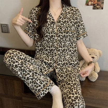 French-Style Sweet Bow Pajamas for Women: Summer Short-Sleeve Long-Pants Set with Cloud-Print, Soft and Cozy Cotton Loungewear