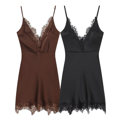 Women Lace Cami Dress - Sleeveless V Neck Mini Summer Dress | Slim Fit Polyester