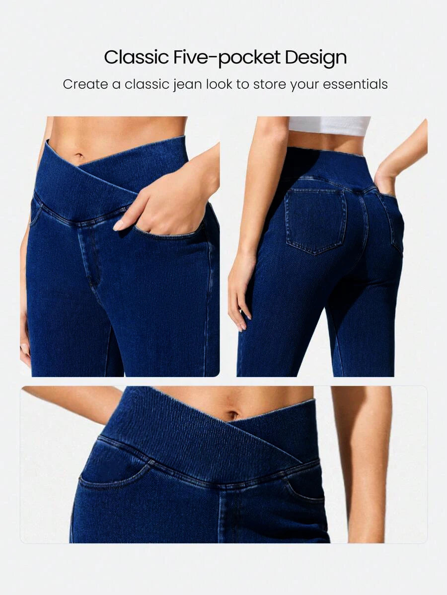High Stretch Cross Waist Flare Jeans For Women Casual Hip Enhancing Knitted Denim Pants Multi Pocket Fitness Bootcut Trousers