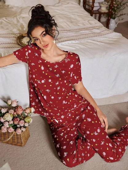 New European and American style loose-fitting women's pajamas, floral short-sleeved long pants home wear, casual two-piece set s