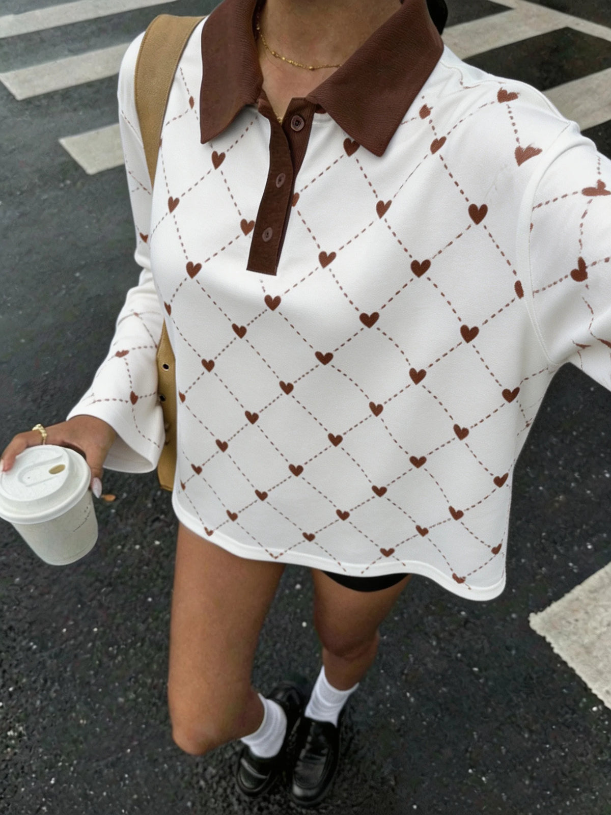 Women's Autumn Casual Lapel Button Color Block Geometric Pattern Long Sleeve Hoodie Top for Daily Travel