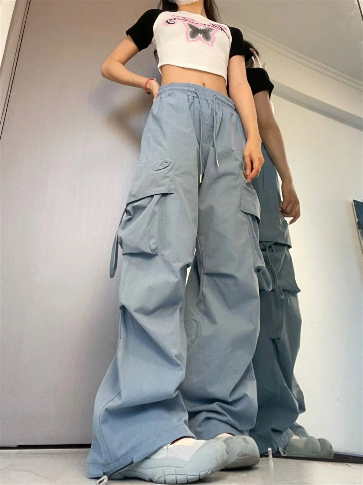 Plus Size Women Cargo Pants High Waist Solid Fashion Street Pant Vintage Drawstring Pocket Trousers Loose Casual Joggers Clothes