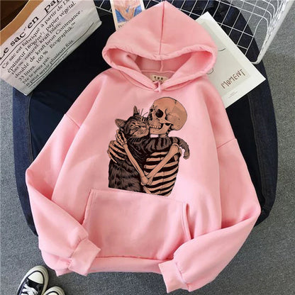 Halloween Skull and Cat Print Kangaroo Pocket Hoodies Fall Winter Long Sleeve Sweatshirt Unisex Funny Vintage Hooded 90s Clothes
