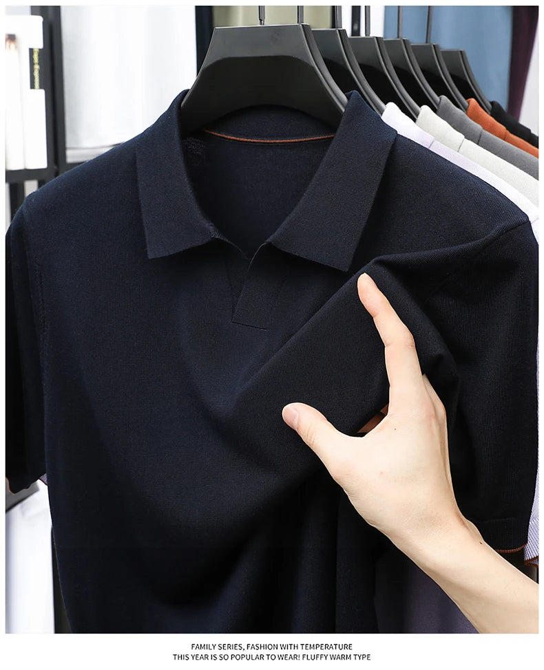 100%  Lyocell Knitwear 2025 Men Spring Summer Trendy Turn Down Collar Knit Tees Short Sleeve Breathable Knit Tops