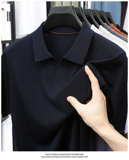 100%  Lyocell Knitwear 2025 Men Spring Summer Trendy Turn Down Collar Knit Tees Short Sleeve Breathable Knit Tops