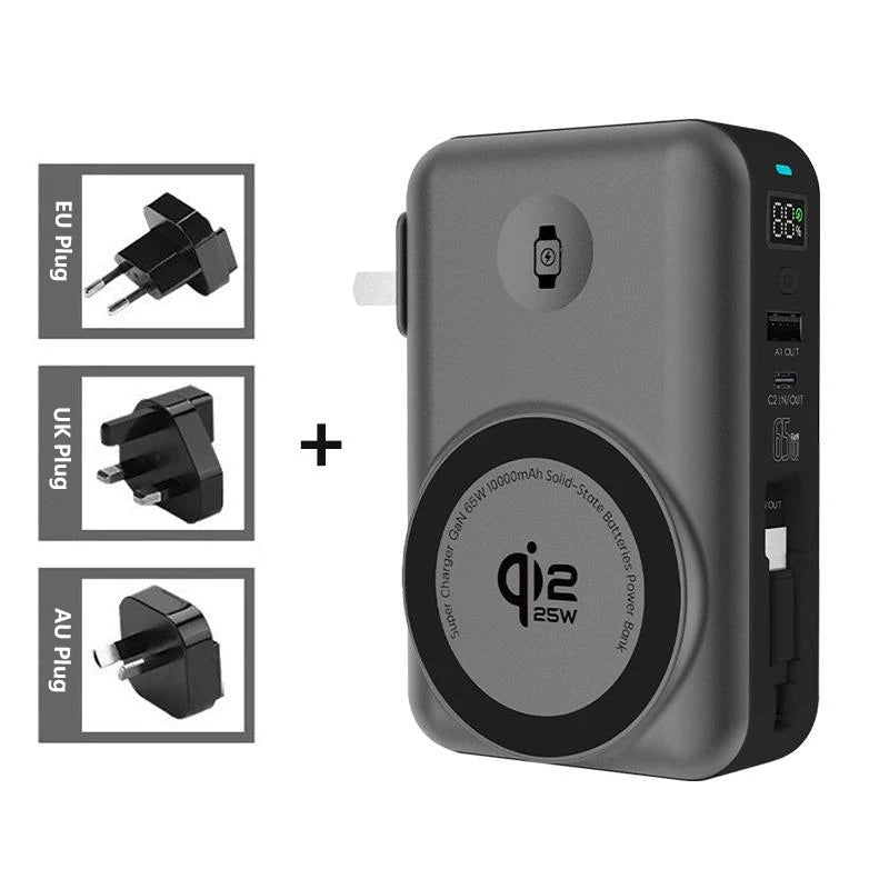 Solid-state Battery Qi2.2 25W Magnetic Wireless Power Bank PD65W Fast Charger for iPhone 17 iWatch Laptop Powerbank with AC Plug