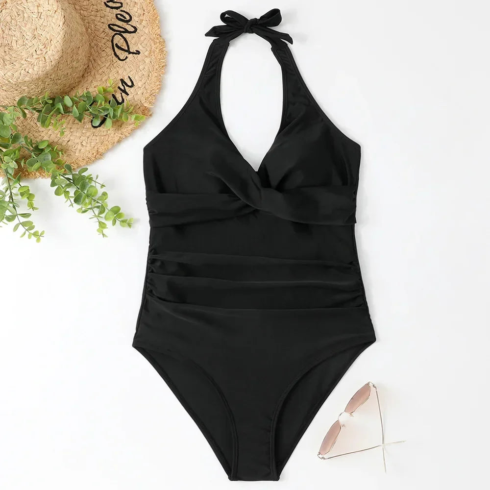 2026 New Wrinkled Halter V Neck One Piece Swimsuit Women Swimwear Female Monokini Backless Bathing Suit Swim Beachwear Bodysuit