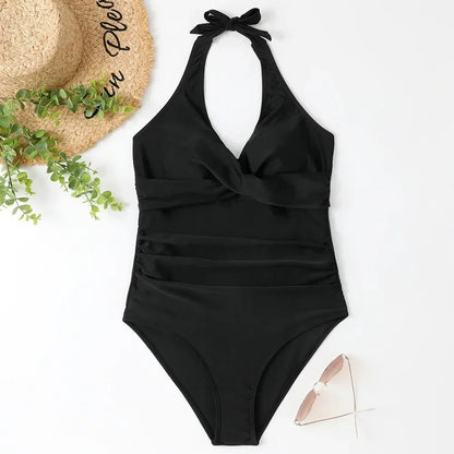 2026 New Wrinkled Halter V Neck One Piece Swimsuit Women Swimwear Female Monokini Backless Bathing Suit Swim Beachwear Bodysuit