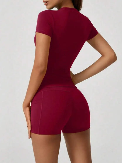 Women's Sweet Sports Short Sleeve High Waist Tummy Control Butt Lifting Shorts Set