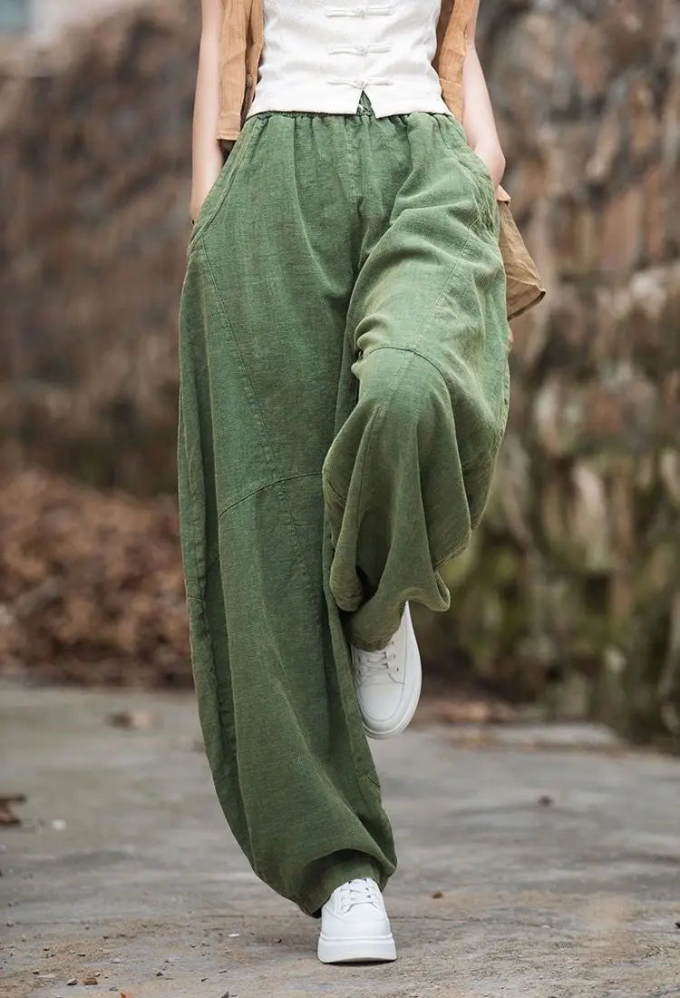 Elegant Women's Cotton Linen Baggy Cargo y2k Pants Vintage Elastic Waist Trousers Loose Casual Long Wide Leg Oversize Clothes