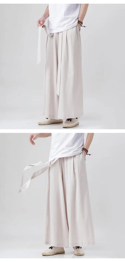 Chinese Style Linen Cotton Retro Pants Man Summer Kimono  Solid Color Traditional Pants Male Streetwear Casual Wide-Leg Trousers