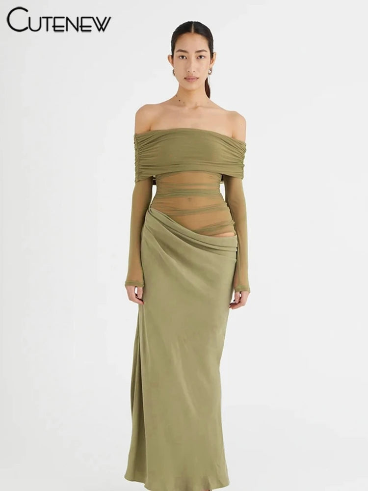 Mesh Ruched Maxi Dress - Sexy Sheath Off Shoulder Ankle Length Party Dress