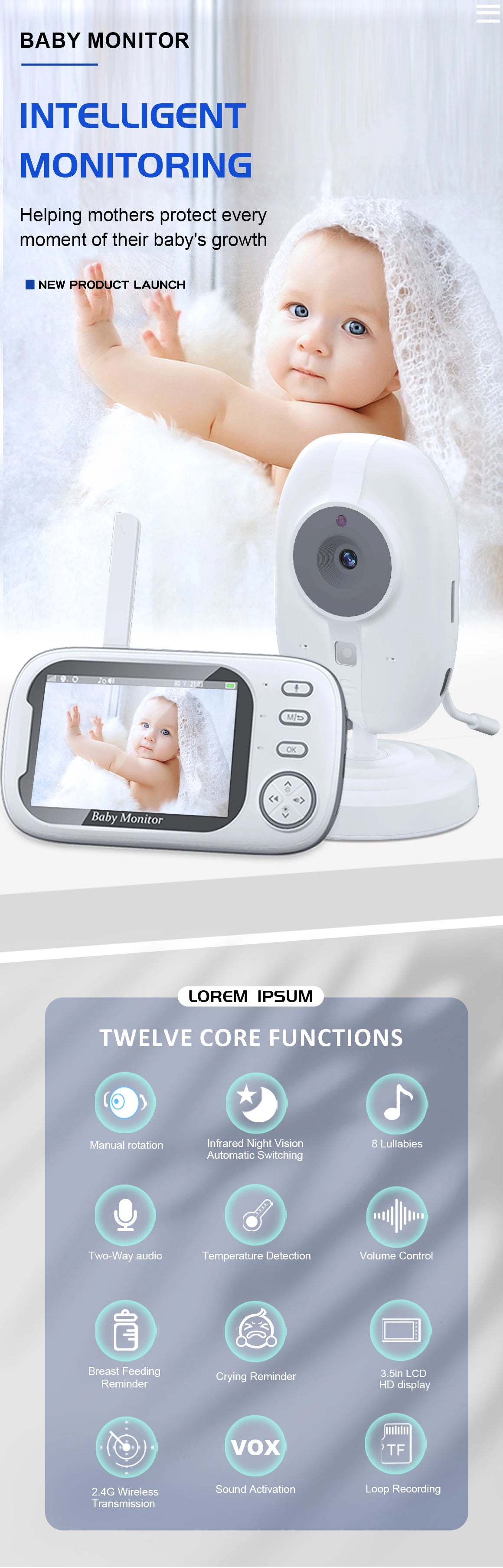 Cdycam New 3.5 inch Wireless Video Baby Monitor Night Vision Temperature Monitoring 2 Way Audio Talk Baby Nanny Security Camera