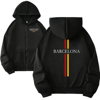 Autumn Winter Female Daily Casual Sport Coat 2025 New Arrival Woman Zipper Hoodie High Quality Barcelona Print Hooded Sweatshirt
