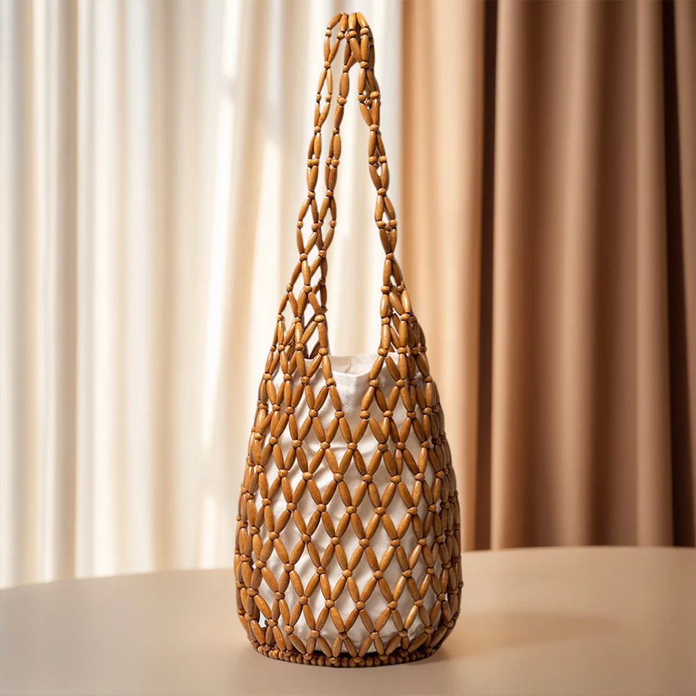Handmade Wooden Beaded Tote Bag - Woven Shoulder Bag for Travel - ZOOMNSTORE