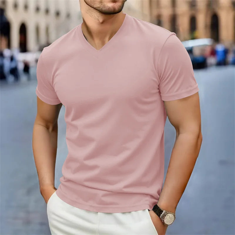 Men's V-Neck T-Shirt - Casual Summer Breathable Short Sleeve Tee, Lightweight Top