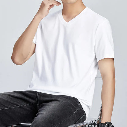 Men's Cotton T-Shirt - Comfortable Casual Loose Fit V-Neck Solid Color Tee