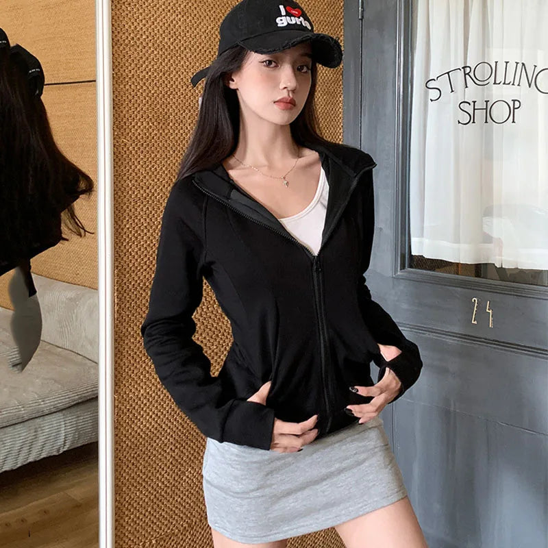 Gray Zipper Hooded Sweatshirt Women 2026 New Korean Slim Fit Cardigan Long Sleeve Coat Woman Solid Pockets Sports Hoodies Jacket