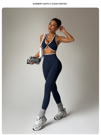 ZHEJIN 2 Piece Yoga Set Women Contrast Trim Halter Sports Bra High Waist Seamless Leggings Gym Workout Set Fitness Activewear Su