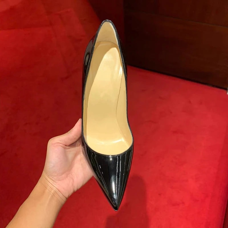 New Shallow Classic Patent Leather 12cm Fashionable and Versatile Work High Heels Nude 10cm Thin Heel Plus Size 33-46