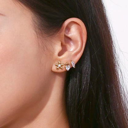 Mini Zircon Flower Crown Stud Earrings – 18K Gold-Plated Steel