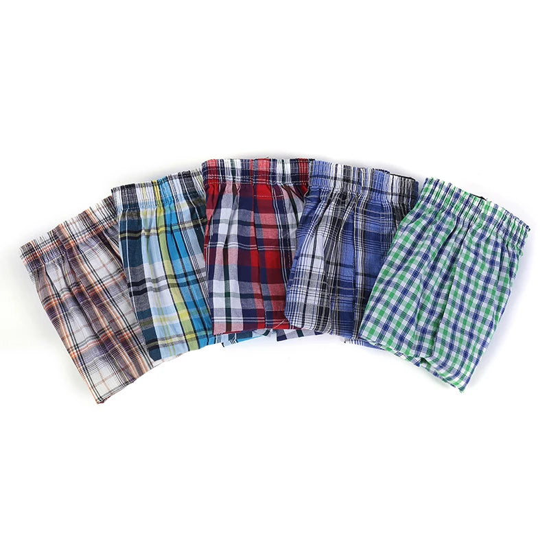 5Pcs/lot Men Plaid Boxer Summer Thin Shorts Underwear Casual Elastic Waistband Button Mens Boxer Underwear Woven Shorts for Home