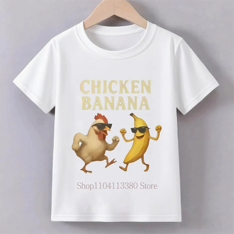 Banana Chicken Print Children T-shirts Summer Casual Fashion Funny Meme Short Sleeve Kids Tops Colorful O-Neck T-shirts