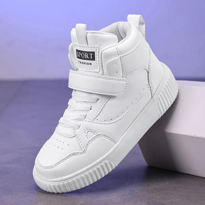 Boys High Top Sneakers - Autumn Leather Sports Shoes with Hook & Loop Closure