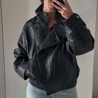 HXAO Black Jacket For Woman Outerwears Faux Leather Jacket Long Sleeve New In Coats And Jackets Zipper Bomber Motorcycle Jacket