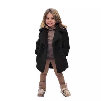 Lamb Fleece Girls Jacket Autumn Winter New Girls Long Style Solid Color Thick Warm Lapel Windbreaker For 2-6Y Girls Overcoat