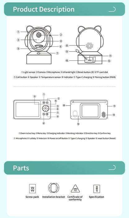 DANMINI 5 "tuya baby monitor 2K high definition WiFi remote mobile APP control up, down, left and right rotation gimbal camera