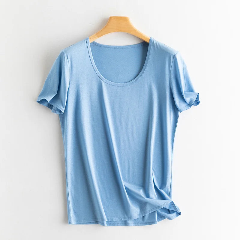 Women's V-Neck T-Shirt – Silk-Linen-Cotton Solid Summer Tee